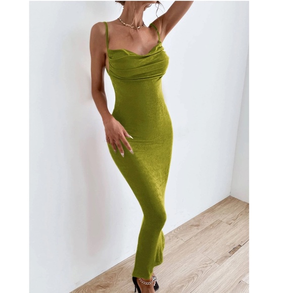 Backless Green Cowl Neck Long Slim Dress - Picture 5 of 15